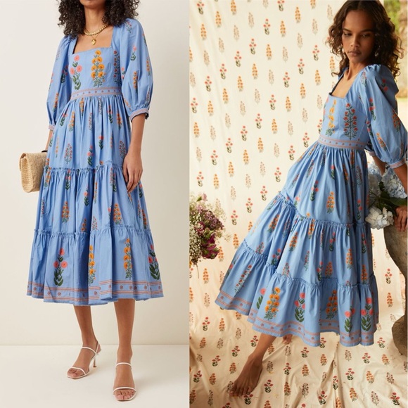 Agua by Agua Bendita Miel Dahlia Cotton Poplin Midi Dress Blue - Picture 10 of 10